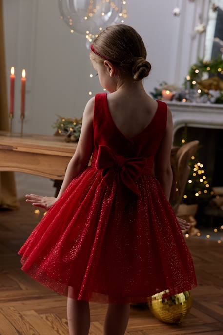 Vestido de Navidad de terciopelo y tul brillante para niña rojo 