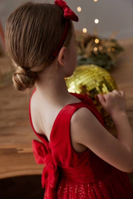 Vestido de Navidad de terciopelo y tul brillante para niña rojo 