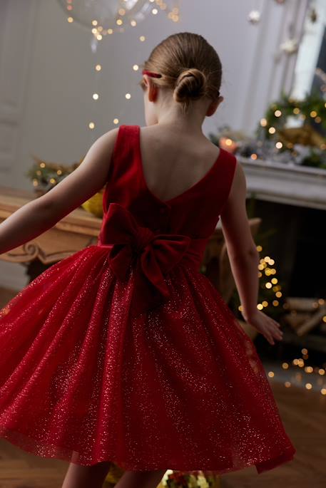 Vestido de Navidad de terciopelo y tul brillante para niña rojo 