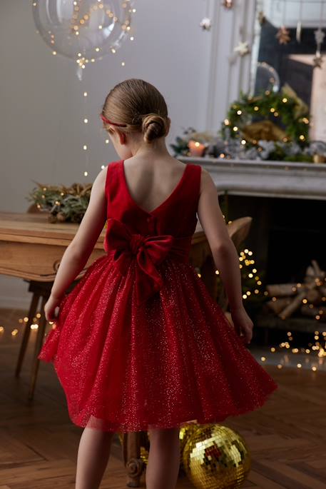 Vestido de Navidad de terciopelo y tul brillante para niña rojo 