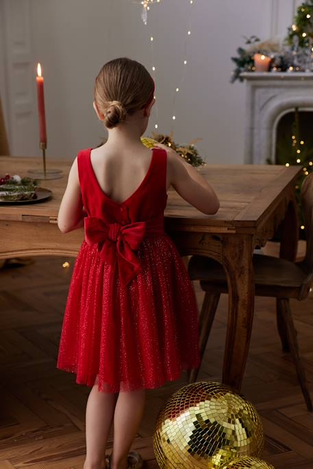 Vestido de Navidad de terciopelo y tul brillante para niña rojo 