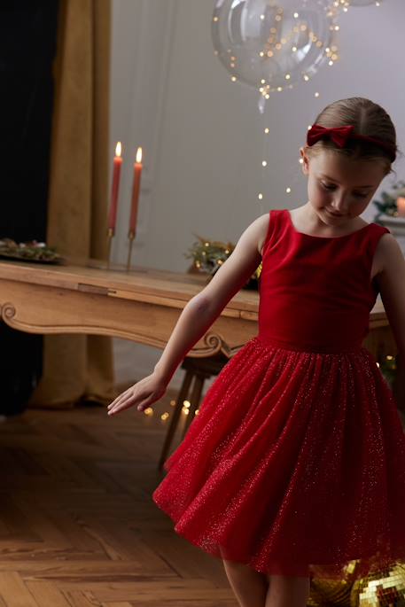 Vestido de Navidad de terciopelo y tul brillante para niña rojo 