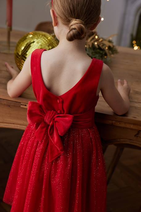 Vestido de Navidad de terciopelo y tul brillante para niña rojo 