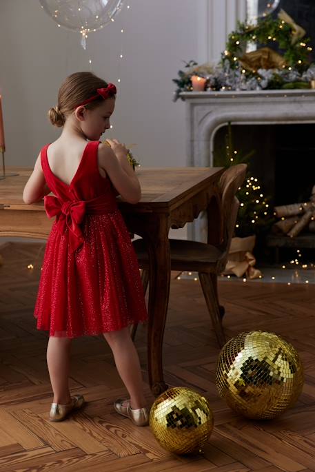 Vestido de Navidad de terciopelo y tul brillante para niña rojo 