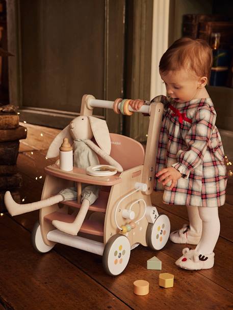 Carrito andador con silla para muñeca de madera FSC® rosado+verde 