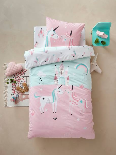 Conjunto de funda nórdica + funda de almohada para niña UNICORNIOS MÁGICOS Azul claro liso con motivos 