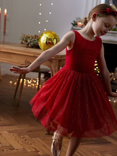 Vestido de Navidad de terciopelo y tul brillante para niña rojo 