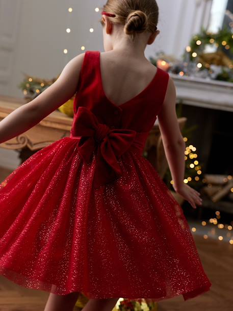 Vestido de Navidad de terciopelo y tul brillante para niña rojo 