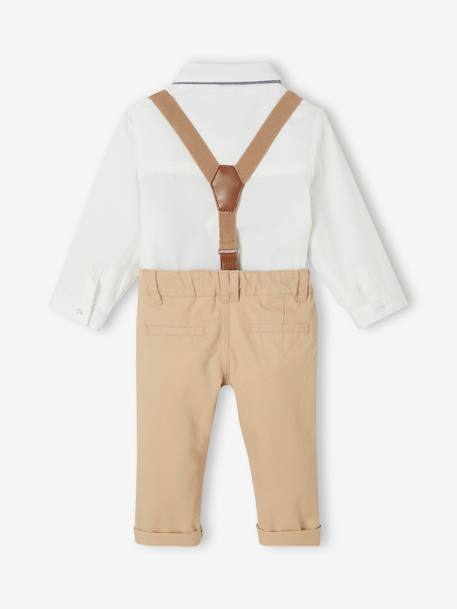 Conjunto 4 prendas para bebé camisa + pajarita + pantalón + tirantes beige 