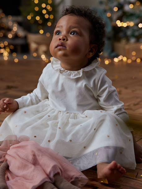 Vestido de dos tejidos para bebé niña crudo 