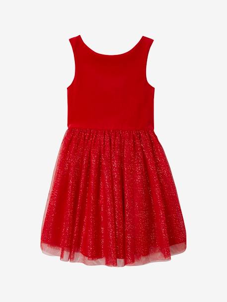 Vestido de Navidad de terciopelo y tul brillante para niña rojo 