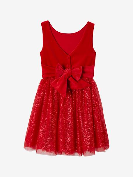 Vestido de Navidad de terciopelo y tul brillante para niña rojo 