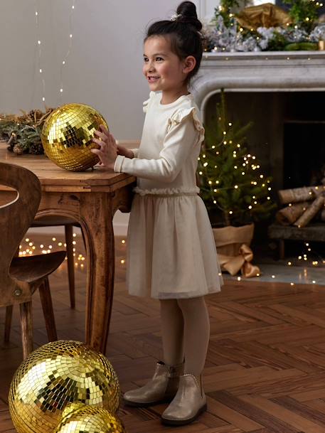 Vestido navideño de dos tejidos con falda tipo enagua de tul para niña crudo 