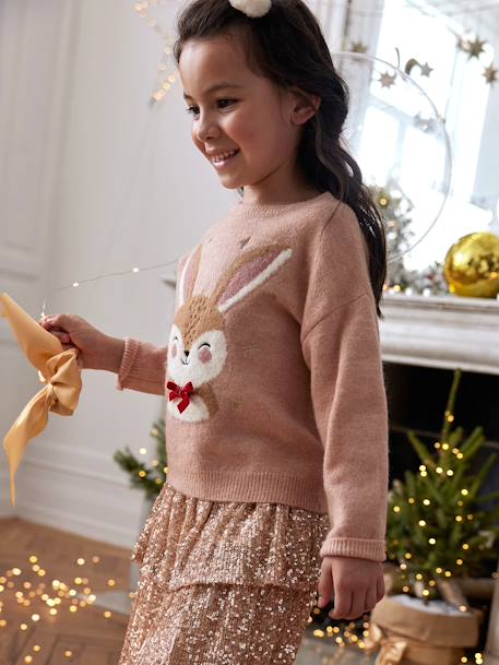 Pack de Navidad para niña: jersey jacquard «Reno» + 2 gomas para el pelo crudo+rosa maquillaje 