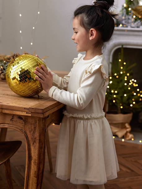 Vestido navideño de dos tejidos con falda tipo enagua de tul para niña crudo 