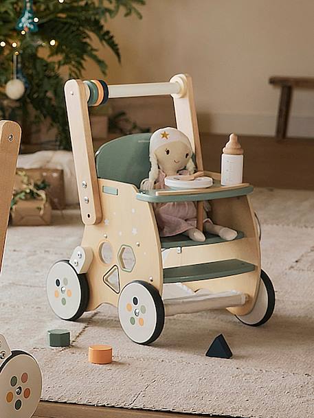 Carrito andador con silla para muñeca de madera FSC® rosado+verde 