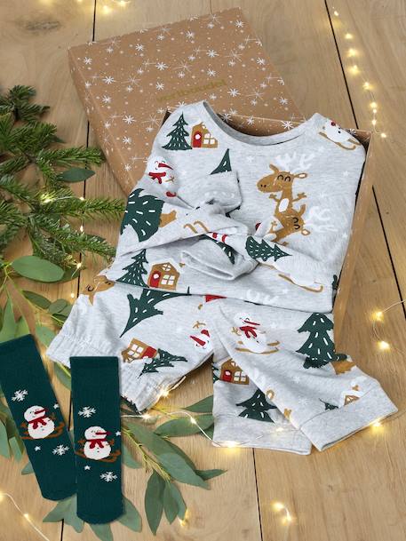 Caja de regalo Navidad pijama + calcetines niño gris jaspeado 