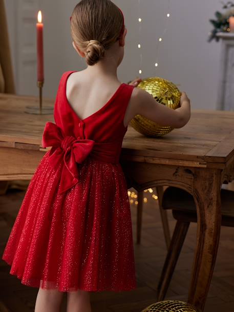 Vestido de Navidad de terciopelo y tul brillante para niña rojo 