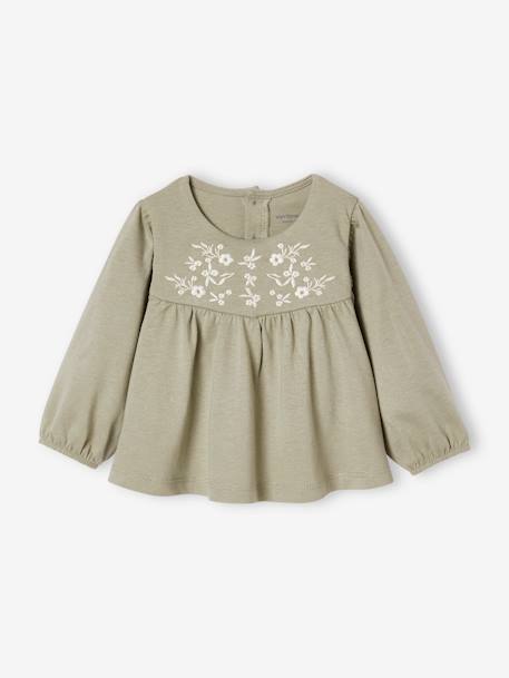 Camiseta blusa con bordado de flores para bebé verde agua 