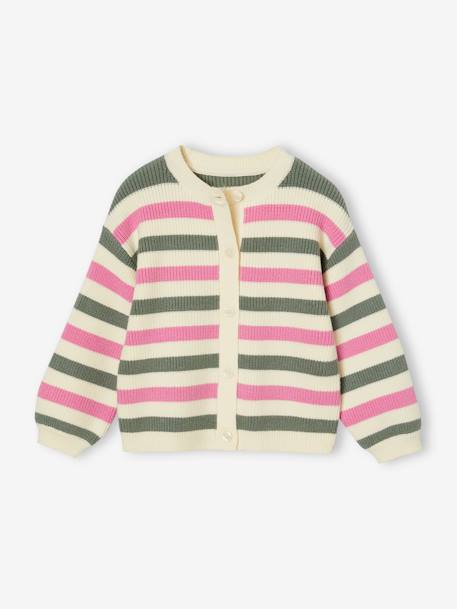 Chaqueta a rayas de canalé perlado para niña fucsia+verde sauce 