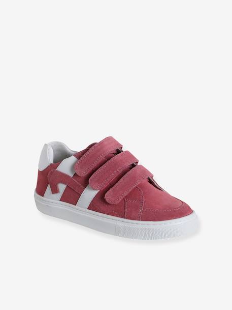 Zapatillas infantiles de piel con cierre autoadherente blanco+rosa frambuesa 