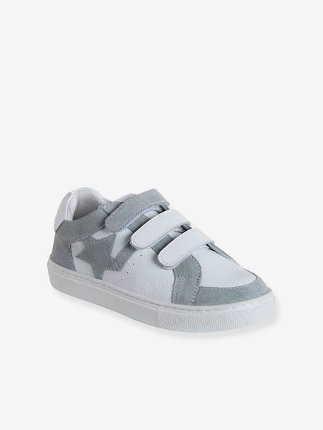 Zapatillas infantiles de piel con cierre autoadherente blanco+rosa frambuesa 