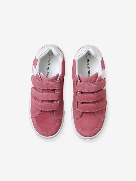 Zapatillas infantiles de piel con cierre autoadherente blanco+rosa frambuesa 