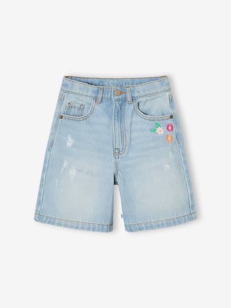 Bermuda denim bordado con flores azul-claro 