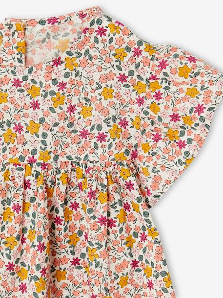 Blusa de manga corta con volantes y motivos de flores para niña crudo+cuadros rojos+naranja estampado+rosa rosa pálido 