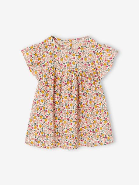 Blusa de manga corta con volantes y motivos de flores para niña crudo+cuadros rojos+naranja estampado+rosa rosa pálido 