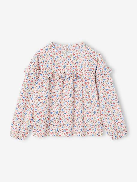 Blusa con volantes estampada de flores para niña azul marino+blanco estampado+crudo 