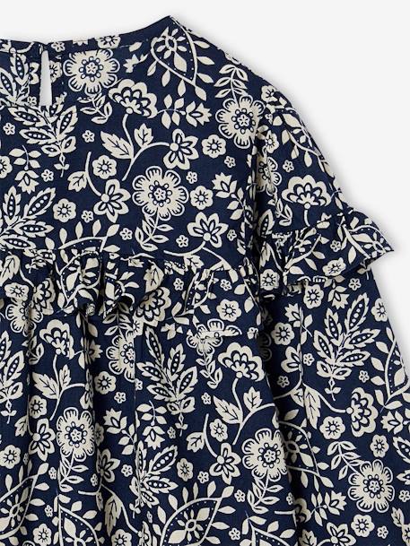 Blusa con volantes estampada de flores para niña azul marino+blanco estampado+crudo 