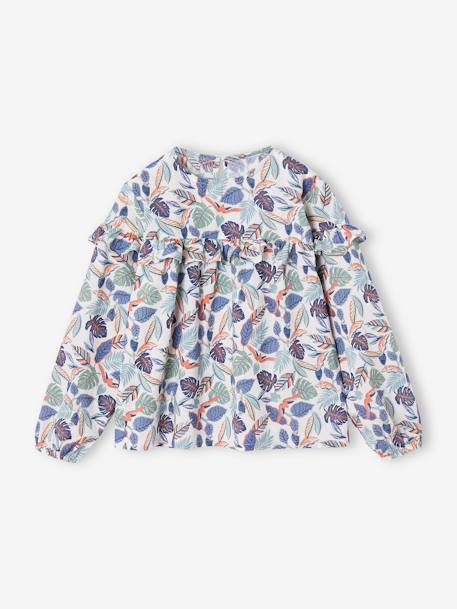 Blusa con volantes estampada de flores para niña azul marino+blanco estampado+crudo 