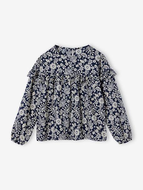 Blusa con volantes estampada de flores para niña azul marino+blanco estampado+crudo 