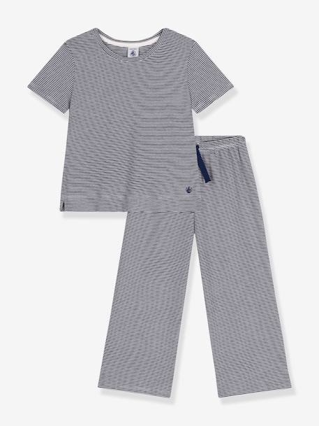 Pijama infantil de manga corta con perneras anchas a rayas PETIT BATEAU azul marino 