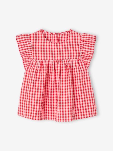 Blusa de manga corta con volantes y motivos de flores para niña crudo+cuadros rojos+naranja estampado+rosa rosa pálido 