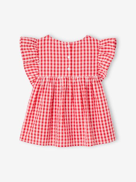 Blusa de manga corta con volantes y motivos de flores para niña crudo+cuadros rojos+naranja estampado+rosa rosa pálido 