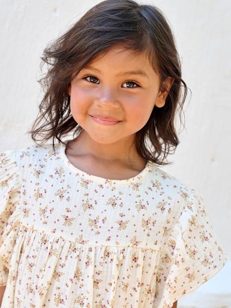 Vestido con estampado de flores de gasa de algodón para niña azul grisáceo+lavanda+rosa+vainilla+verde sauce+violeta 