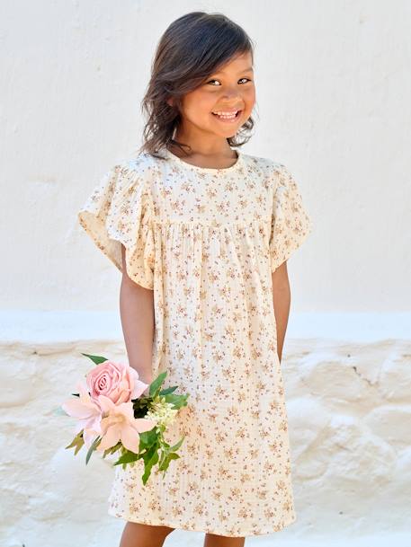 Vestido con estampado de flores de gasa de algodón para niña azul grisáceo+lavanda+rosa+vainilla+verde sauce+violeta 