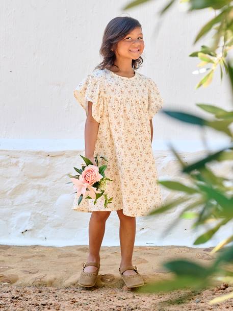 Vestido con estampado de flores de gasa de algodón para niña azul grisáceo+lavanda+rosa+vainilla+verde sauce+violeta 