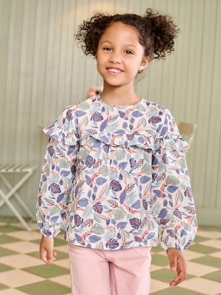 Blusa con volantes estampada de flores para niña azul marino+blanco estampado+crudo 