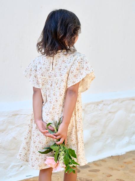 Vestido con estampado de flores de gasa de algodón para niña azul grisáceo+lavanda+rosa+vainilla+verde sauce+violeta 