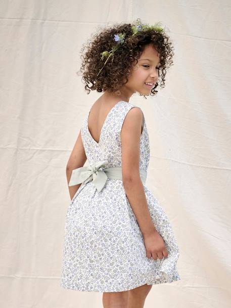 Vestido de ceremonia con flores a la acuarela en el bajo, para niña azul+blanco estampado+rosa estampado 