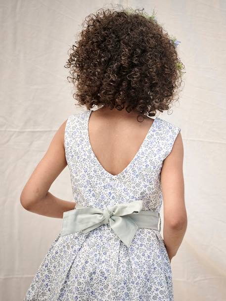 Vestido de ceremonia con flores a la acuarela en el bajo, para niña azul+blanco estampado+rosa estampado 