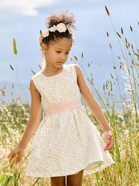 Vestido de ceremonia con flores a la acuarela en el bajo, para niña azul+blanco estampado+rosa estampado 