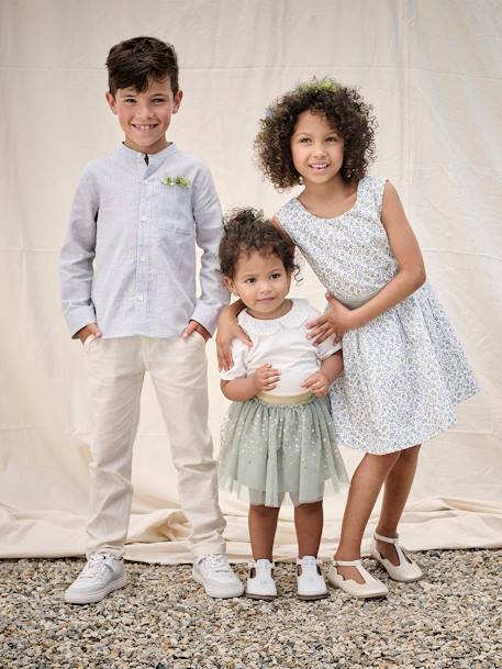 Vestido de ceremonia con flores a la acuarela en el bajo, para niña azul+blanco estampado+rosa estampado 