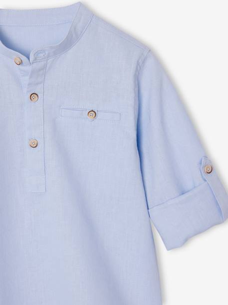 Camisa de cuello mao de algodón/lino para niño con mangas remangables azul claro+azul pizarra+blanco+verde sauce 