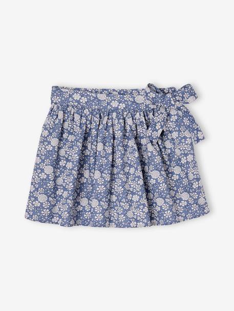 Falda-short estampada para niña azul chambray+crudo+naranja estampado+verde pino 