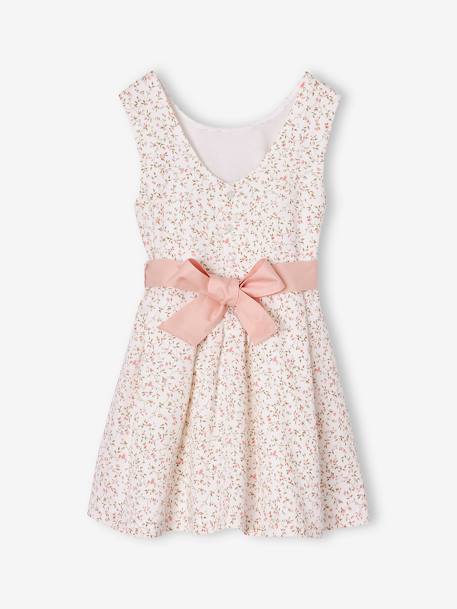 Vestido de ceremonia con flores a la acuarela en el bajo, para niña azul+blanco estampado+rosa estampado 