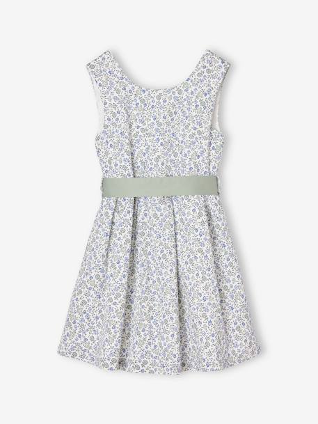 Vestido de ceremonia con flores a la acuarela en el bajo, para niña azul+blanco estampado+rosa estampado 